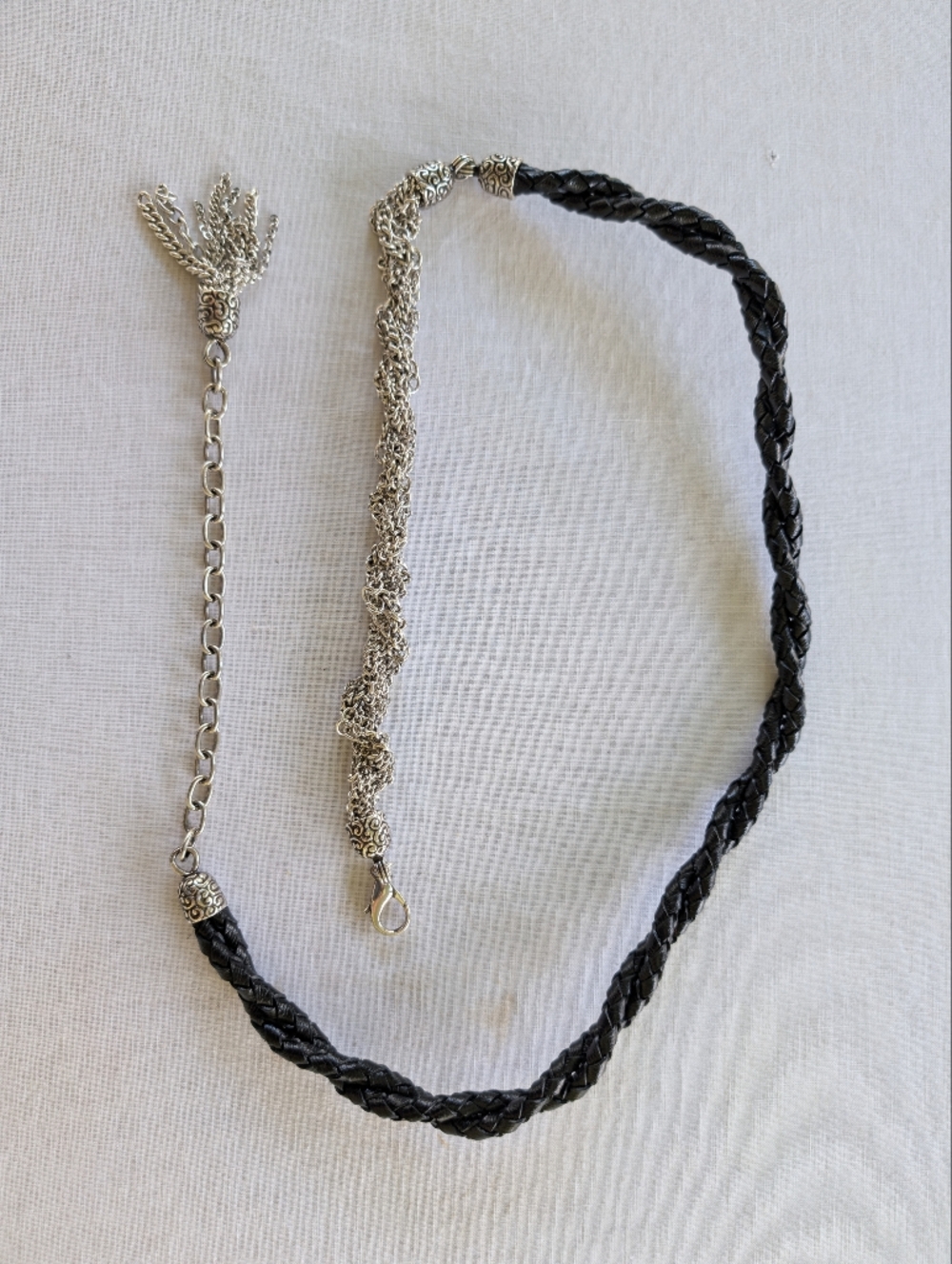 Brighton Black Braided Leather Silver Chain Tassel Belt Adjustable / Like New